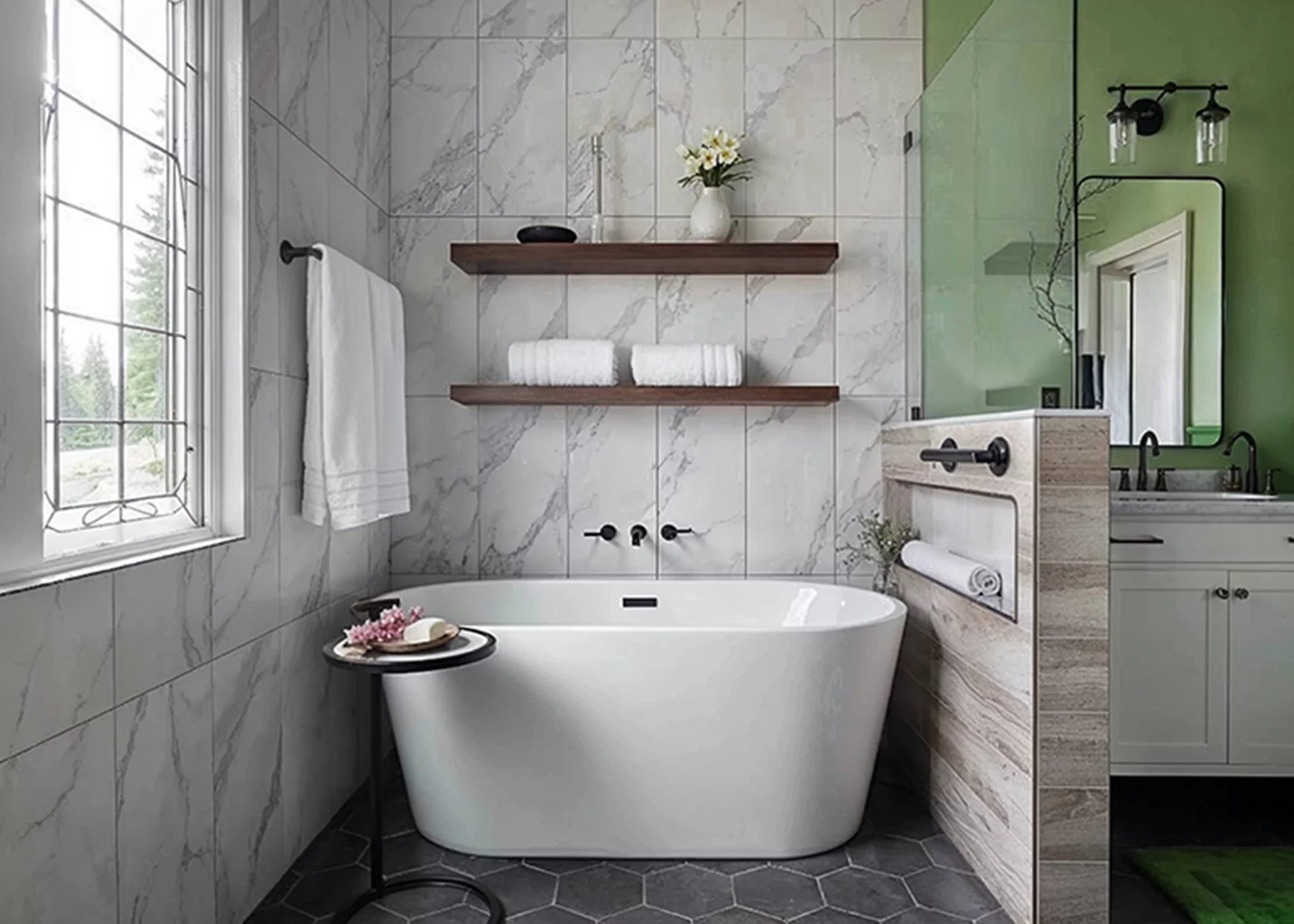 Polished marble shower wall tile renovation in Minneola, FL by Aesthetic Tile