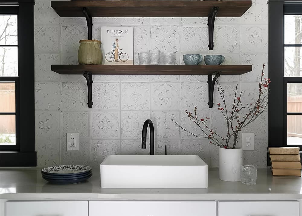 Classic white ceramic square tile kitchen backsplash installation in Orlando, FL by Aesthetic Tile