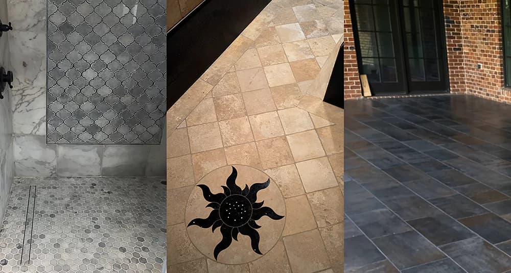 Porcelain and ceramic tile installation collage showcasing kitchen backsplashes, bathroom showers, and floor tile projects in Groveland and Clermont, FL