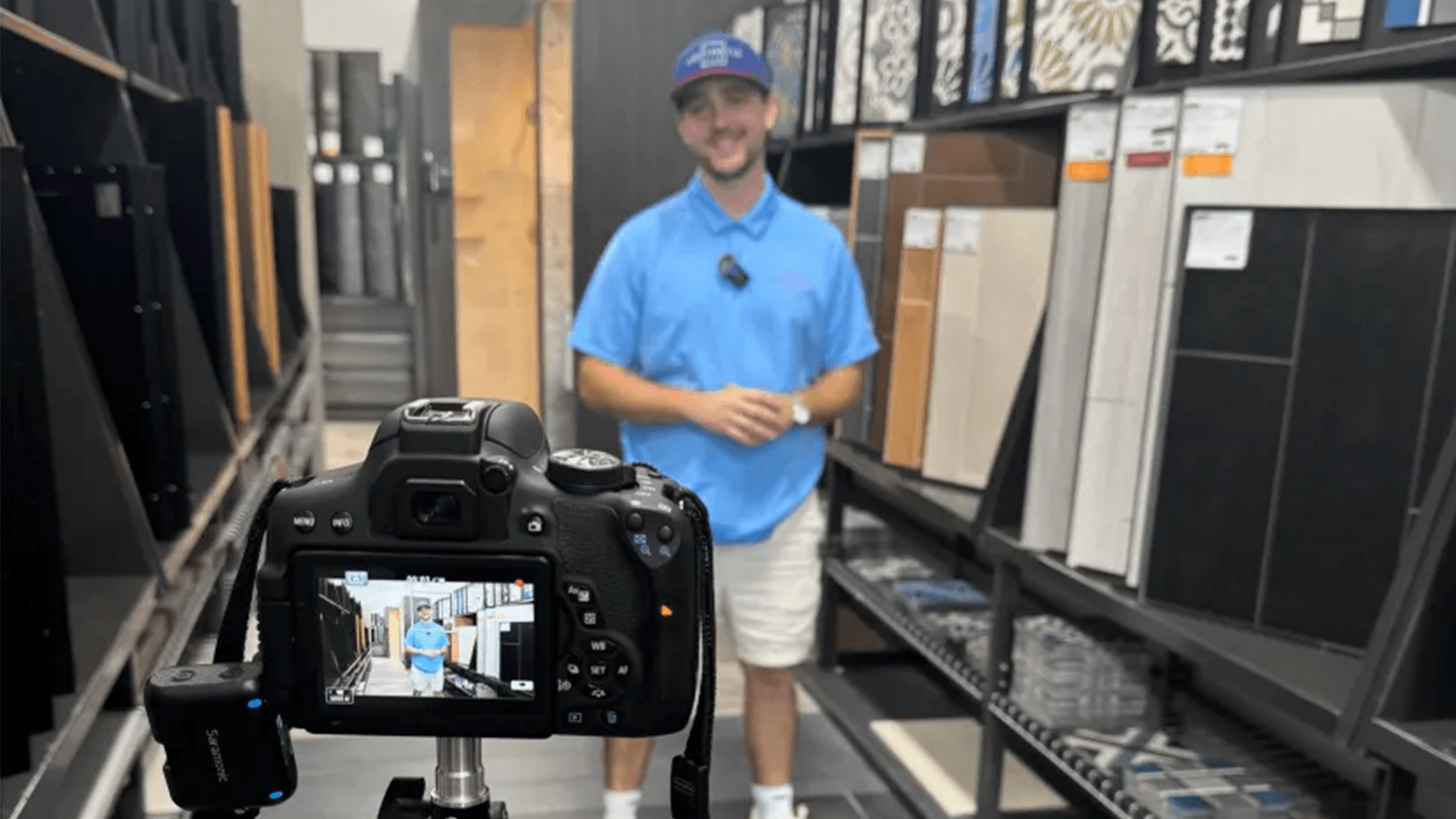 Professional video production set inside the Aesthetic Tile showroom in Groveland, FL