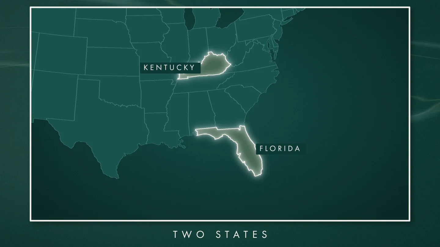 Map of the eastern United States with Kentucky and Florida highlighted and the label Two States