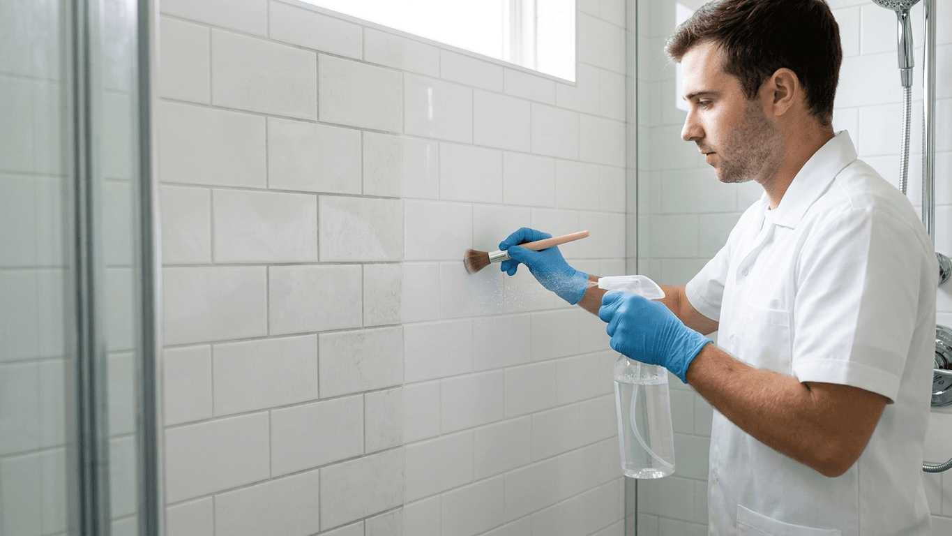 Professional cleaning shower grout lines with a soft brush