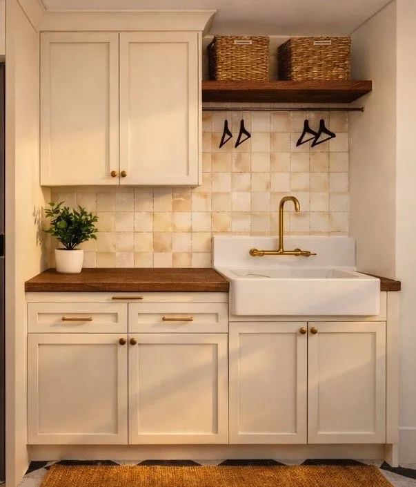 Client concept art of a light-tile backsplash and farmhouse sink; not a completed installation