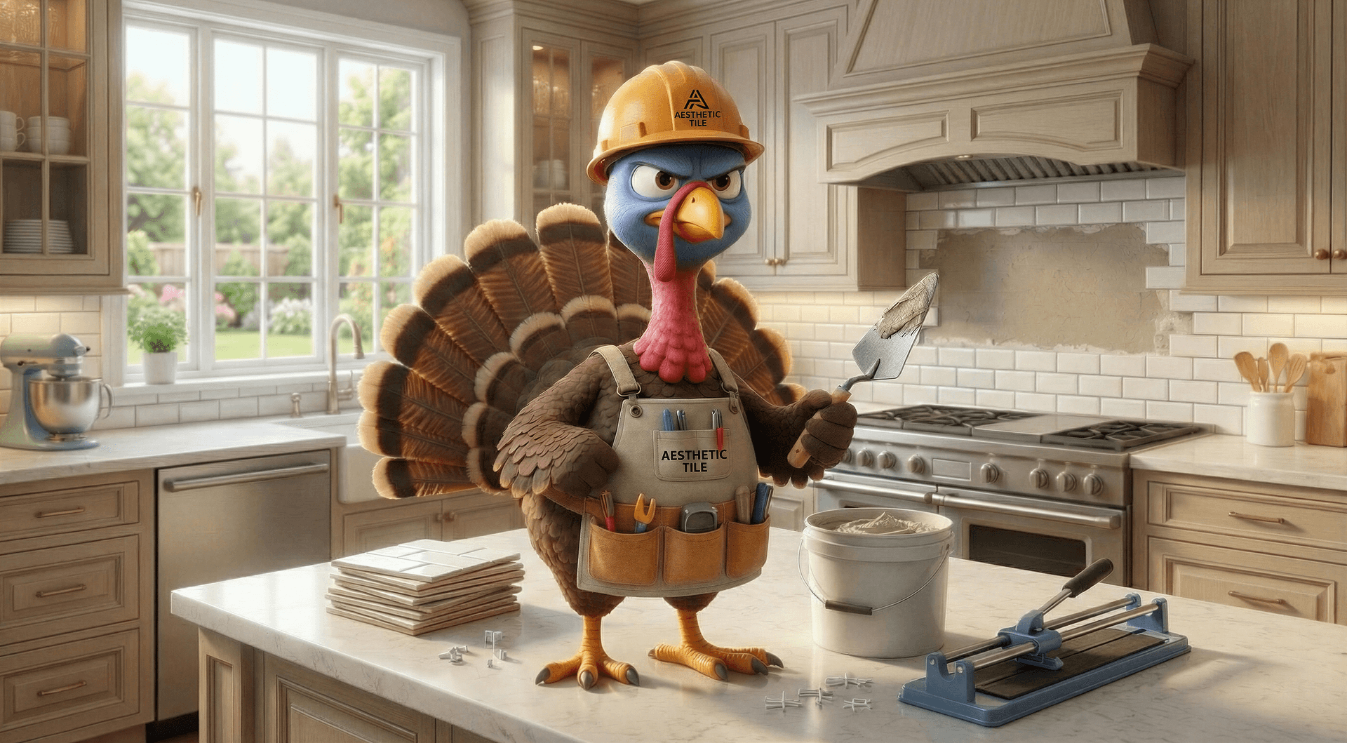 Thanksgiving turkey contractor with Aesthetic Tile hardhat and tool belt in beautiful tiled kitchen Central Florida